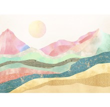 Illustration av ett bergslandskap med sol