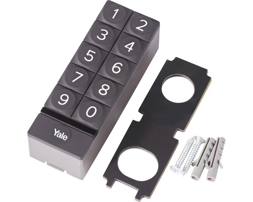 Yale knappsats för styrning av ett dörrlås med monteringsmaterial