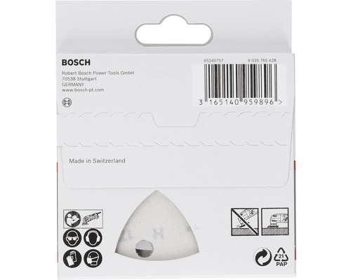 Bosch logotyp. Förpackning med sandpapper i triangulär form för slipmaskiner.