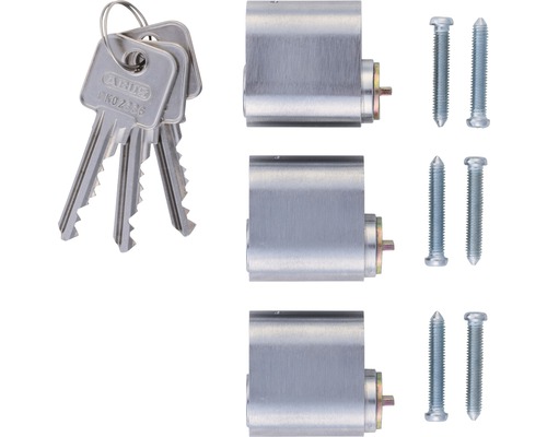 Tre låscylindrar med nycklar och skruvar