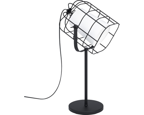 Bordslampa med svart metallram och cylindrisk lampskärm