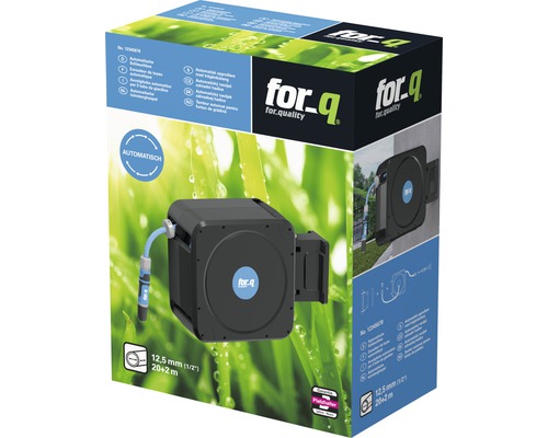 Förpackning med automatisk slangbox med 12,5 mm slang och 20 plus 2 meters längd