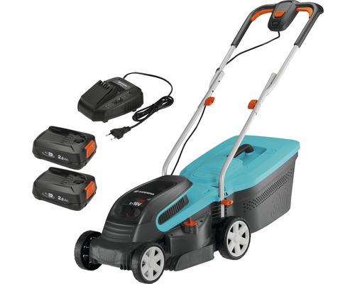 Gardena batteridriven gräsklippare med batterier och laddare