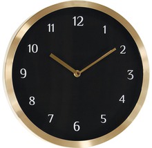 Rund väggklocka med gyllene ram och svart urtavla