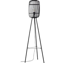 Svart golvlampa med burformad skärm och stativben.