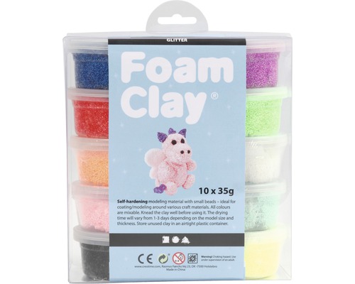 Glittrande modellskum i olika färger, 10 gånger 35 gram, i transparent förpackning