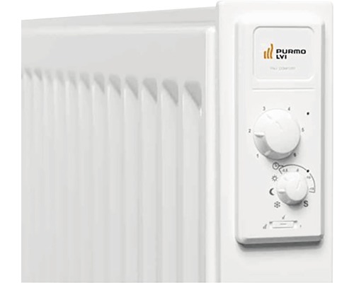 Detaljbild av en elektrisk oljeradiator med kontrollpanel och Purmo LVI logotyp.
