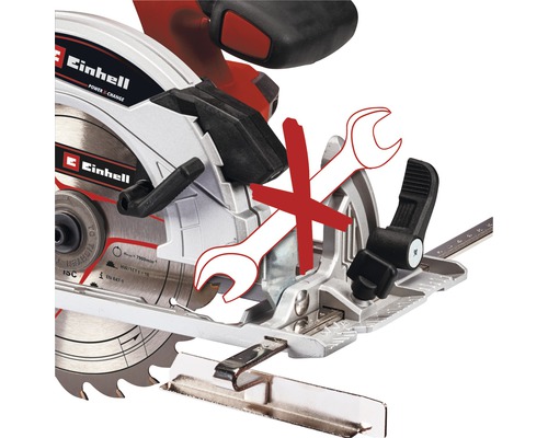 Einhell logotyp. Bild av en handcirkelsåg med en symbol som förbjuder användning av verktyg.