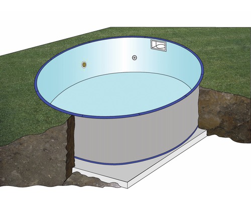 Oval pool delvis nedsänkt i marken med omgivande gräsmatta