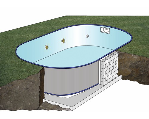 Tvärsnitt av en pool med belysning och murverk