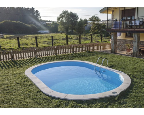 Nedgrävd pool GRE oval 500x300x120cm inkl. sandfiltersystem, skimmer, stege, filtersand, bottenskyddsfleece & anslutningsslang vit Nedgrävd pool GRE oval 500x300x120cm inkl. sandfiltersystem, skimmer, stege, filtersand, bottenskyddsfleece & anslutningsslang vit