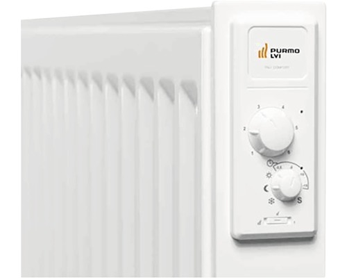 Detaljvy av en vit radiator med vridreglage för temperaturkontroll