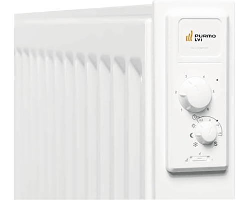 Närbild av ett element med termostat och Purmo-logotyp