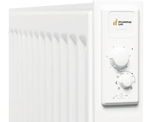Detalj av radiator med termostat och Purmo Lvi-logotyp