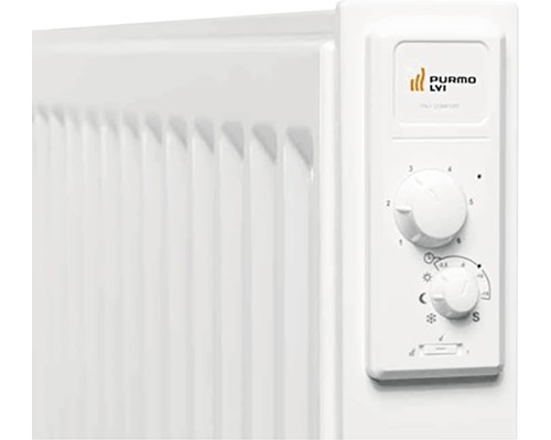 Detaljvy av ett element med kontrollpanel och Purmo LVI-logotyp