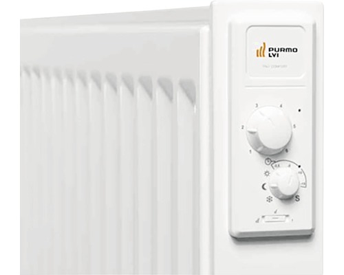 Närbild av ett element med termostat och Purmo logotyp