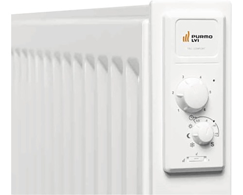 Detaljvy av en vit oljeradiator med kontrollpanel