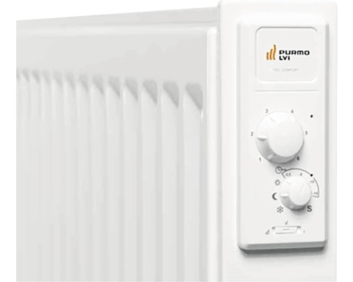 Detaljvy av ett element med kontrollpanel och Purmo LVI logotyp
