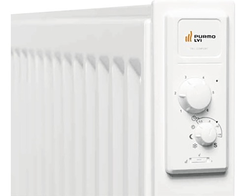 Närbild av ett vitt element med kontrollpanel och vridknappar