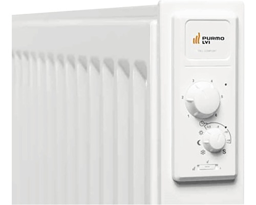 Detaljvy av en vit Purmo LVI radiator med vridknappar för temperaturkontroll