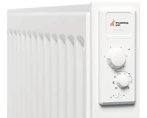 Detaljvy av en oljeradiator med kontroller och Purmo LVI-logotyp