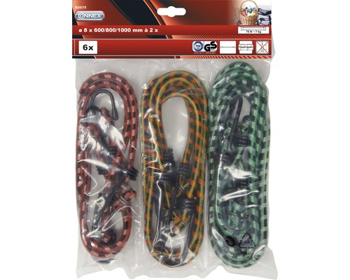 Sex bagageremmar med krokar, diameter åtta millimeter, längder 600, 800 och 1000 millimeter
