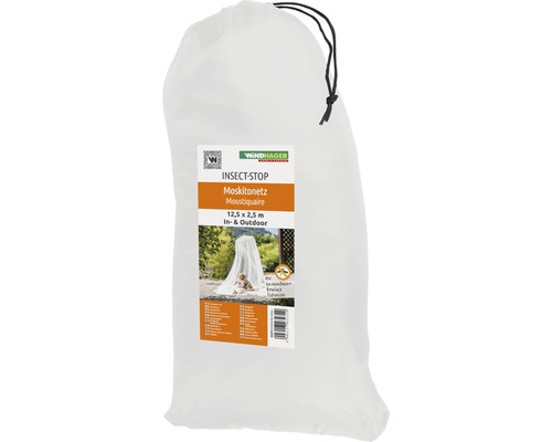 Förpackat myggnät som mäter 12,5 x 2,5 meter för inomhus- och utomhusbruk