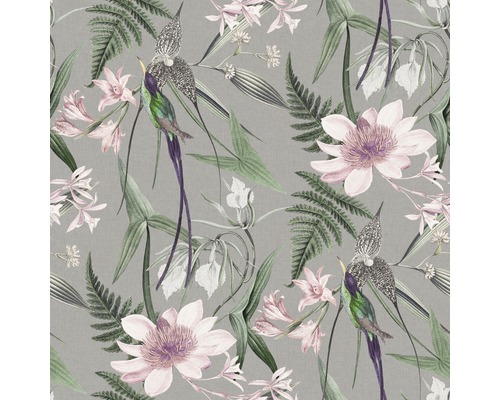 Tapet SUPERFRESCO EASY paradisträdgård grön 113264 Tapet med blommönster, löv och fågelmotiv