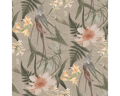 Tapet SUPERFRESCO EASY Paradisegarden taupe 113266 Tapet med blommönster och fågelmotiv
