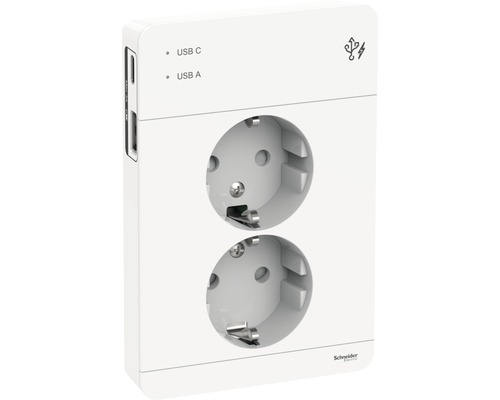 Vägguttag SCHNEIDER Exxact 2-vägs jordat med USB Typ A + Typ C vit, 1820386 Eluttag med USB-portar typ C och typ A