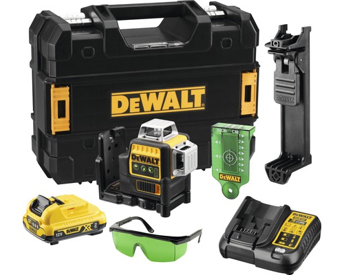 DeWalt linjelasersats med svart bärväska, batteri, laddare, måltavla, laserskyddsglasögon och väggfäste