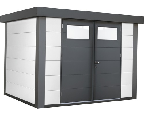 Trädgårdsskjul med dubbeldörr och fönster