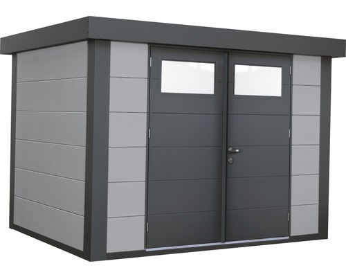 Trädgårdsskjul med dubbeldörr och fönster