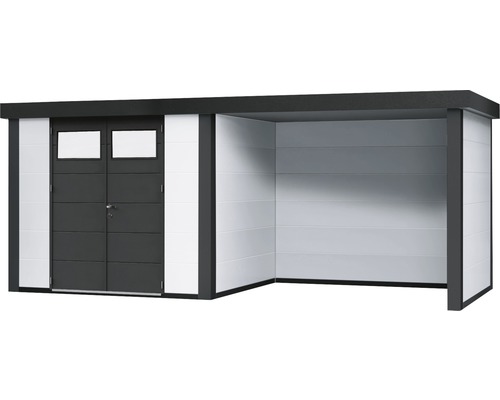 Trädgårdsskjul med dubbeldörr och tillbyggnad