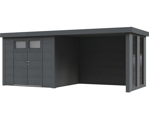 Modern trädgårdsskjul med dubbeldörr, fönster och täckt område för trädgårdsredskap med mera