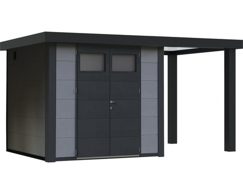 Trädgårdsskjul med annex som skydd