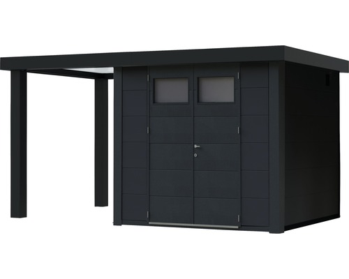 Trädgårdsredskapsbod med tak för extra förvaringsutrymme utomhus.