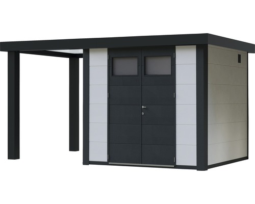 Trädgårdshus med tillbyggnad för extra förvaringsutrymme utomhus