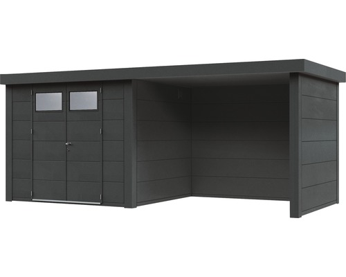 Trädgårdsskjul med dubbeldörr och tillbyggnad