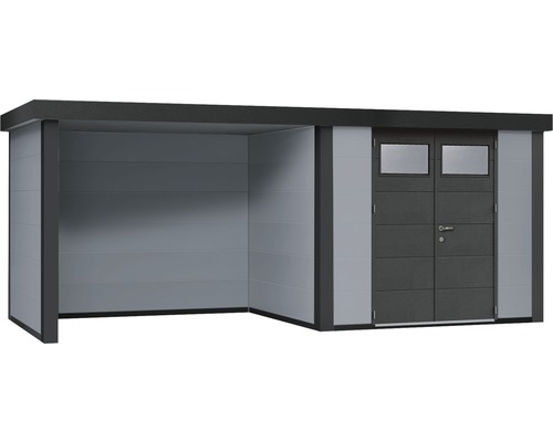 Modernt trädgårdshus med dubbeldörr och tillbyggnad