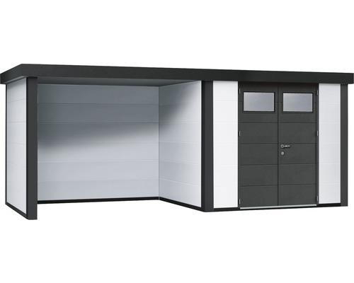 Modern kombination av trädgårdshus och garage med dubbeldörr och fönster