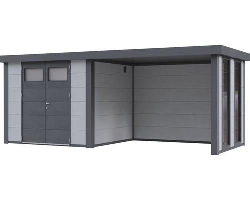 Trädgårdsskjul med dubbeldörr, fönster och tak