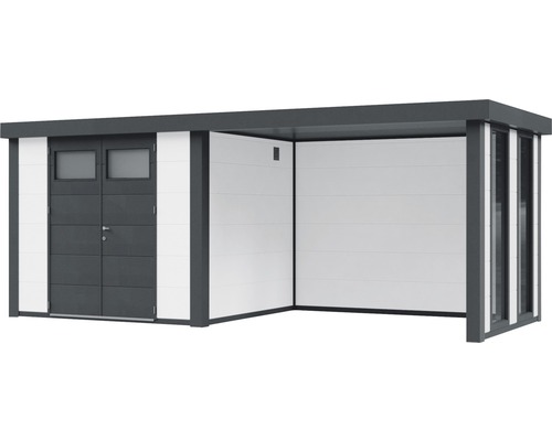 Modern redskapsbod med integrerat skydd