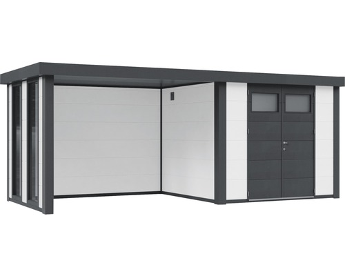 Trädgårdshus med platt tak och dubbeldörr