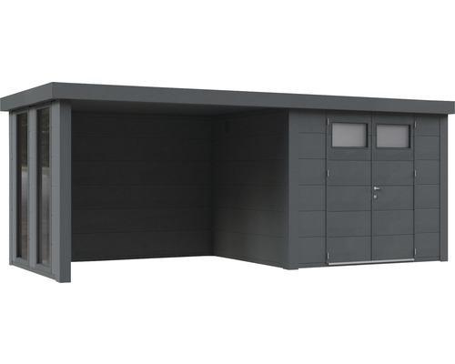 Modern redskapsbod med dubbeldörr och glasfönster