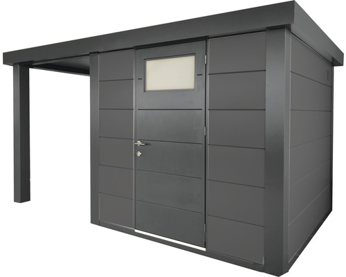 Metallförråd med tillbyggnad och dörr