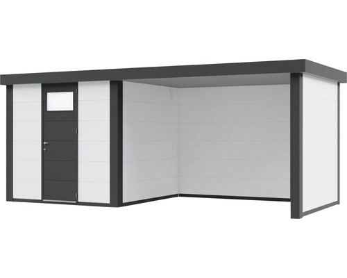 Modern trädgårdshus med dörr och öppen tillbyggnad