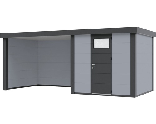 Modern trädgårdshus med tillbyggnad och dörr