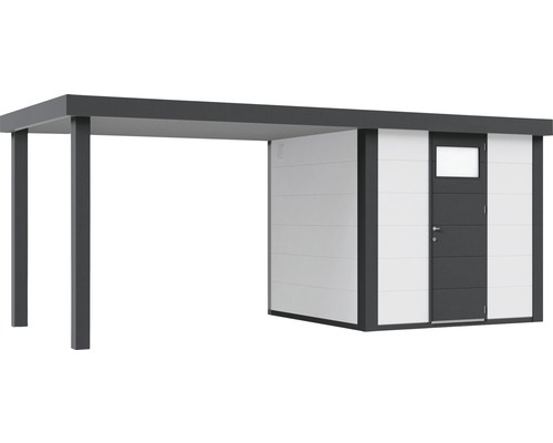 Modern redskapsbod med carport för utomhusbruk