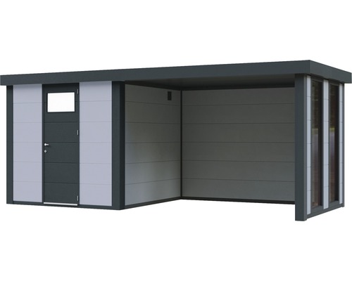 Rymlig redskapsbod med dörr och sidotak